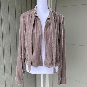 WAYF Taupe Crushed Velvet Tie-Neck Cropped Blouse Jacket Small